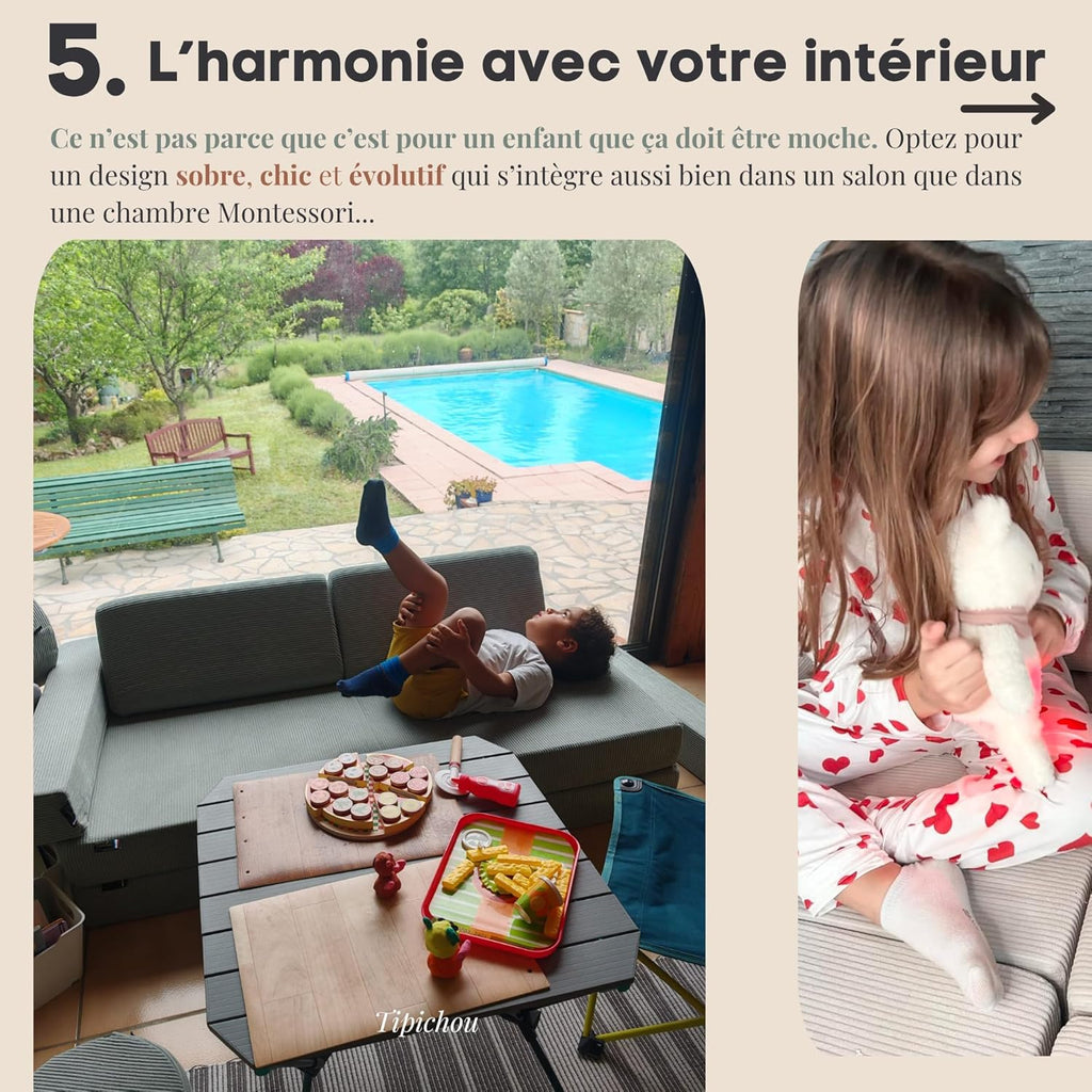 Canapé Enfant Convertible - Chauffeuse 2 Places Transformable en Lit d'Appoint, Aire de Jeu, Fauteuil, Matelas de Sol - Idéal Cadeau Enfants - Possibilités de Jeux Infinies (Blanc Crème, 2 Places)