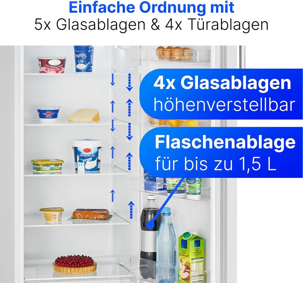 Bomann Réfrigérateur 242L blanc VS7316-1-blanc, Capacité nette : 242 litres, Éclairage intérieur à DEL, Contrôle de la température en continu, 5 clayettes en verre