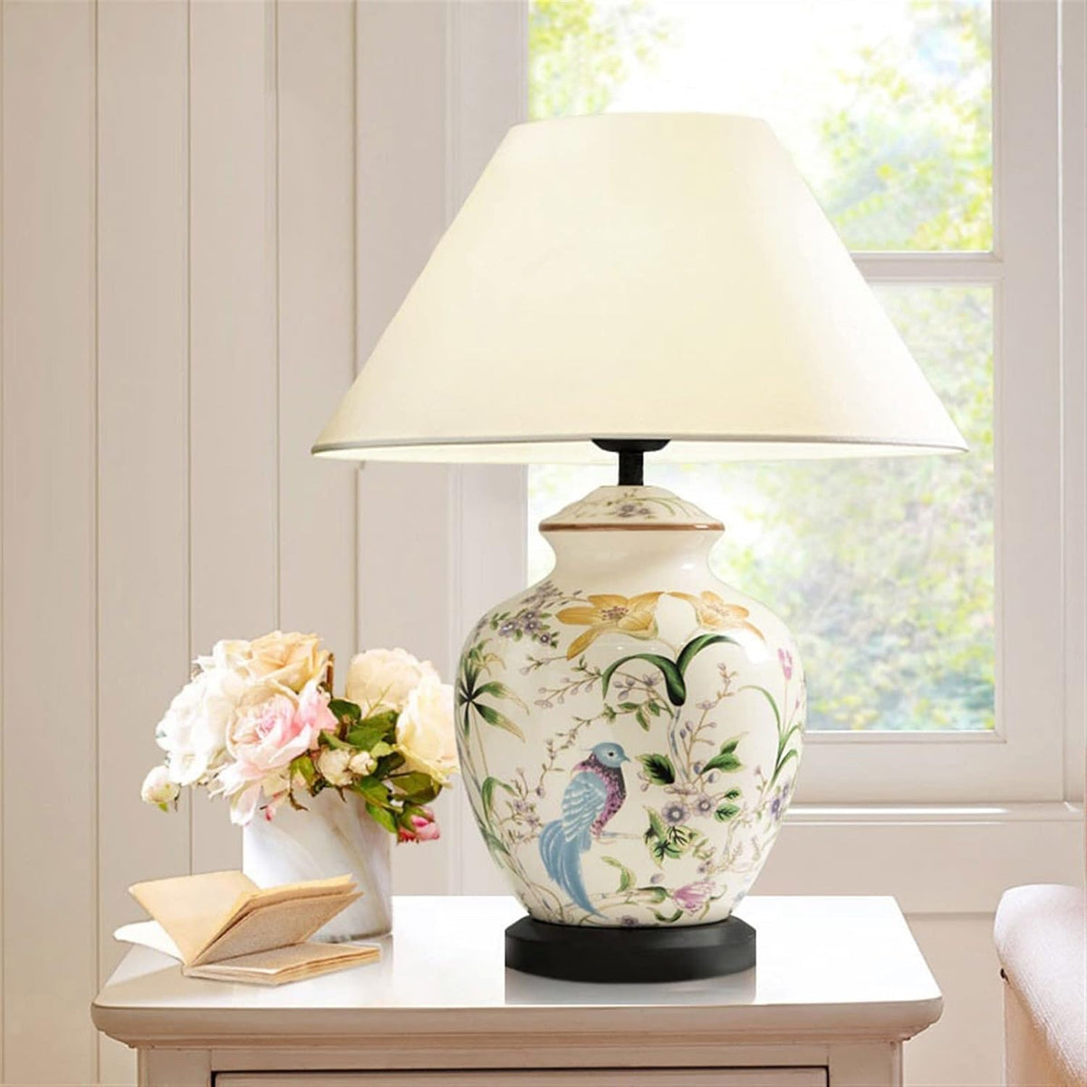 GLigeT Parfait Lampe de table en céramique à motif fleurs et d'oiseaux, lampe décoration d'intérieur, chevet pratique for chambre coucher Décor