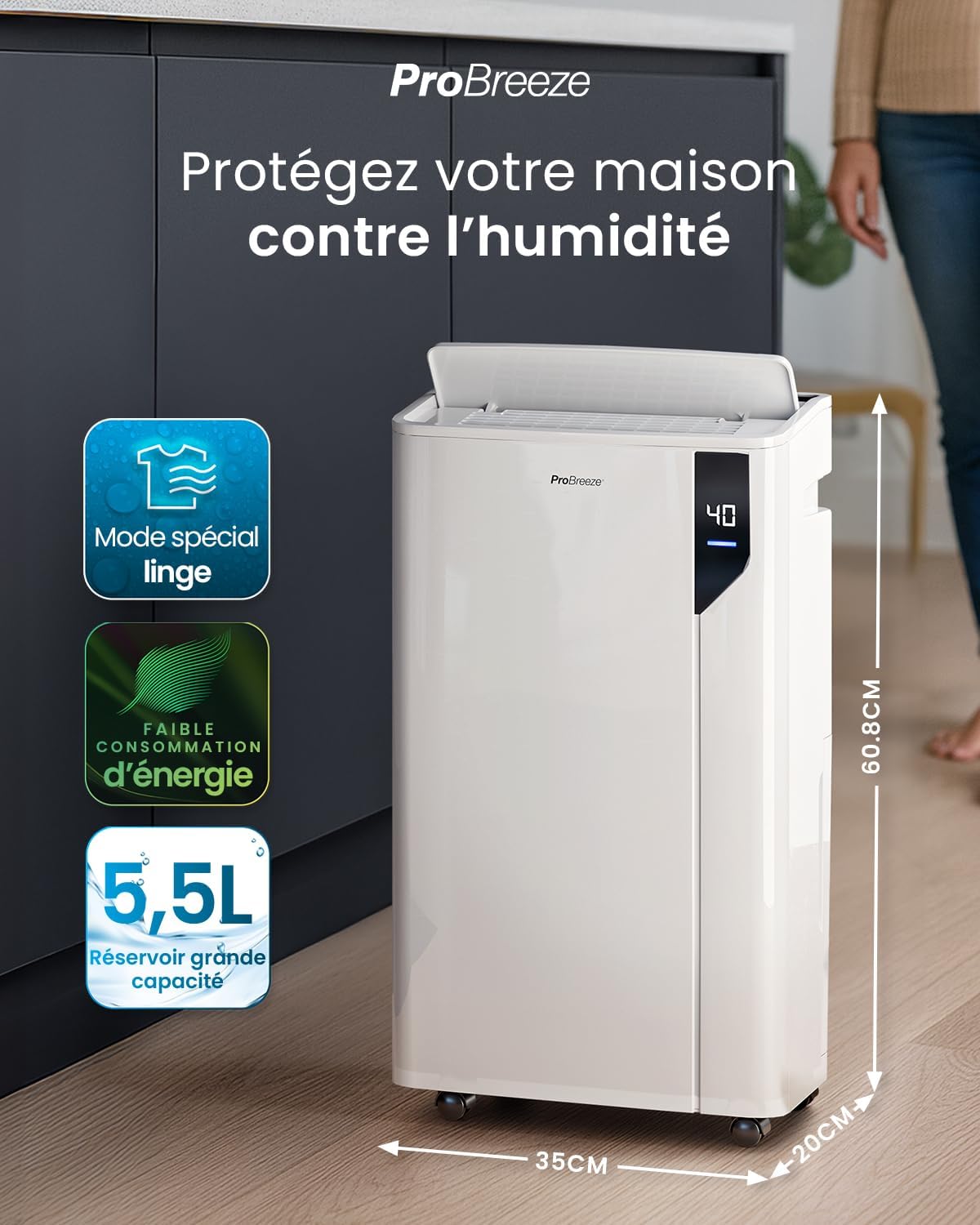 Pro Breeze Déshumidificateur d Air 20L/Jour - Deshumidificateur économe en énergie avec Mode Séchage des Vetements, Capteur et indicateur d'humidité, Filtre - Absorbeur d'humidité et moisissures