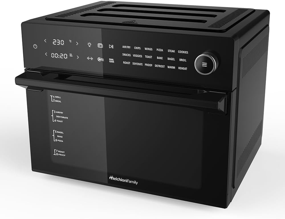 Melchioni Family | Heißluftfritteuse mit 30 Liter Kapazität BENEDETTA, Digitales Display, Dual Cook Funktion, Air Fryer mit 18 Programmen, 30-230°C, Timer 12h, Schwarz, Noire