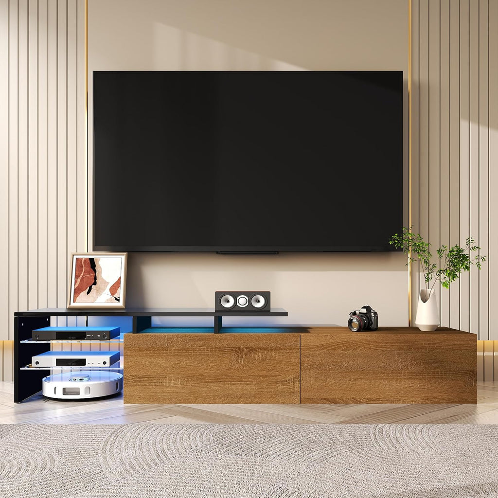 Meuble TV aspect bois naturel 170 cm avec éclairage LED 16 couleurs étagères en verre pour TV jusqu'à 75"