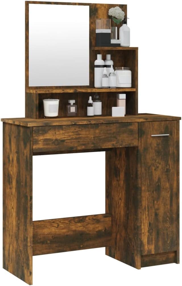 AJJHUUKI Armoires et meubles de rangement - Coiffeuse pour chambre à coucher - Coiffeuse avec miroir - Chêne fumé - 86,5 x 35 x 136 cm