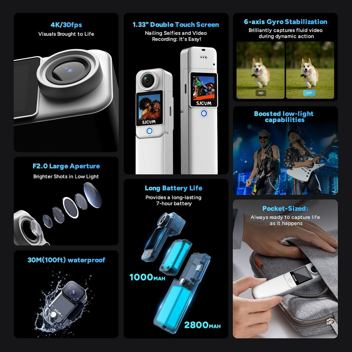 SJCAM C300 Caméra Sport Étanche 4K,460 Min d'Autonomie,Double Écran Tactile,Caméra Aquatique,Stabilisation 6 Axes,Idéale pour Vlog,Blanc
