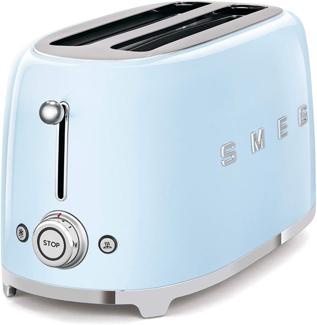 Smeg, Grille-pain 4 Tranches TSF02PBEU, 2 Fentes 36 mm, 6 Niveaux de Brunissage, Fonction Chauffage, Décongélation et Bagel, Éjection Automatique du Pain, Ramasse Miettes, 1500 W, Bleu Clair Pastel