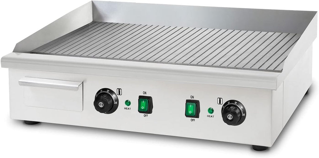 vertes Plancha Électrique Professionnelle 4400W en Acier Inoxydable Surface de Gril avec Rainures 74x41cm, 2x Thermostat, 2x Température 50-300C, Protection Contre les Éclaboussures