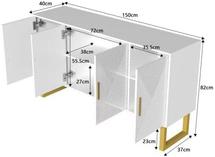 Buffet Salon Blanc Moderne avec 4 Portes Texturées, Façade Brillante, Poignées Dorées, Meuble Elégant, 150x40x82cm