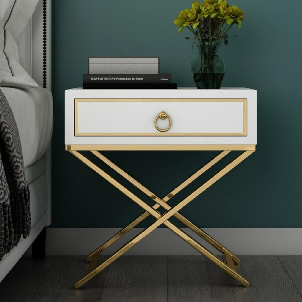 Homary Table de Chevet Blanche X-Shaped Stainless Steel – 1 Tiroir, Finition Dorée, Petit Meuble Rangement pour Chambre & Salon