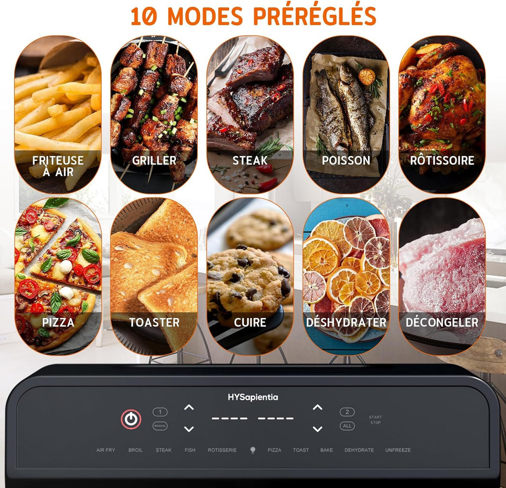 HYSapientia 22L friteuse à air chaud 2 chambres, mini-four à convection,écran tactile LED, 10 programmes friteuse sans huile Dual Zone Air Fryer Oven, aciers inoxydables, Airfryer xxl