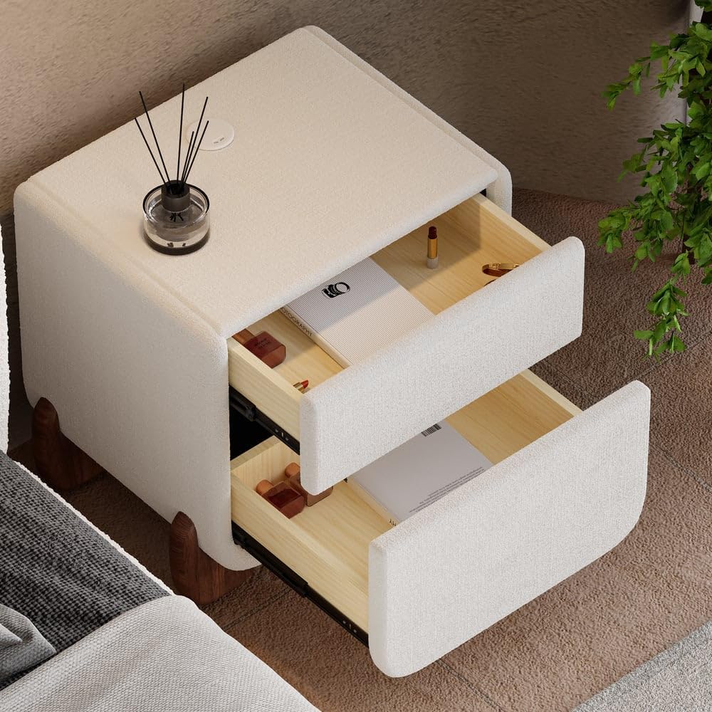 Homary Table de Chevet LED Smart Blanc Bouclé 2 Tiroirs, Recharge sans Fil/Filaire, Pieds Noisetier, Petit Meuble Rangement pour Chambre Adulte