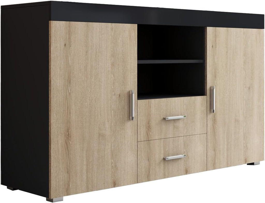 MB Muebles Bonitos, Buffet Roque pour Salon et Salle à Manger Moderne, Meuble TV en Mélamine, Couleur Noir Brillant et Sonoma Mat, 140x80x40 cm