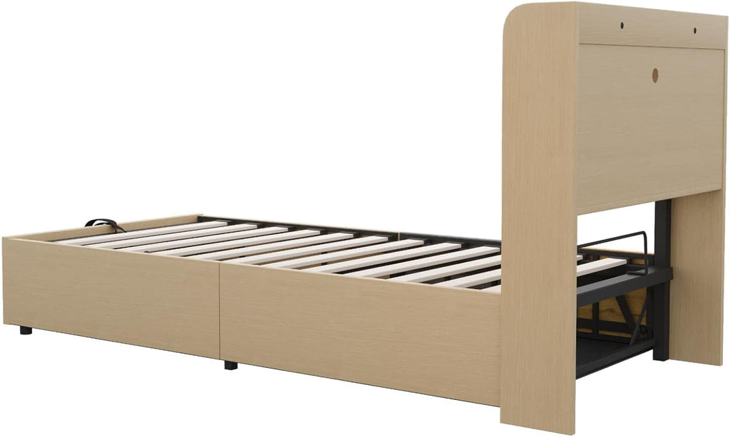 EURHCIO Lit Une Place 90x200 avec Ports USB/C,Tête de lit à Rangement,Lit Coffre avec Sommier à Lattes Solide,pour Ado Adulte Naturel, 90x200