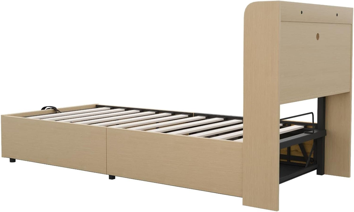 EURHCIO Lit Une Place 90x200 avec Ports USB/C,Tête de lit à Rangement,Lit Coffre avec Sommier à Lattes Solide,pour Ado Adulte Naturel, 90x200