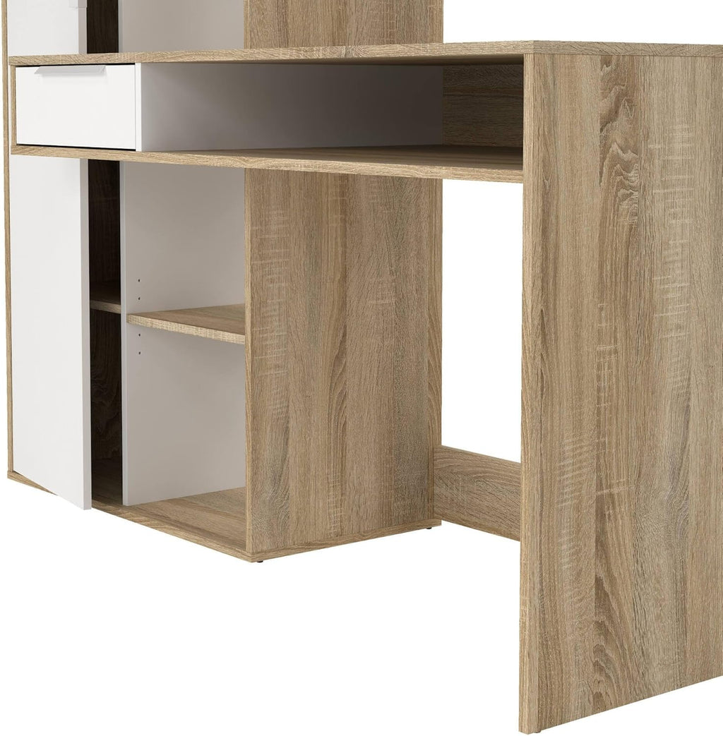 Dmora - Bureau multifonction avec bibliothèque, tiroir et porte, coloris blanc et chêne, 162 x 155 x 60 cm