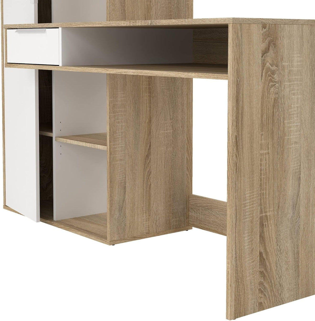 Dmora - Bureau multifonction avec bibliothèque, tiroir et porte, coloris blanc et chêne, 162 x 155 x 60 cm