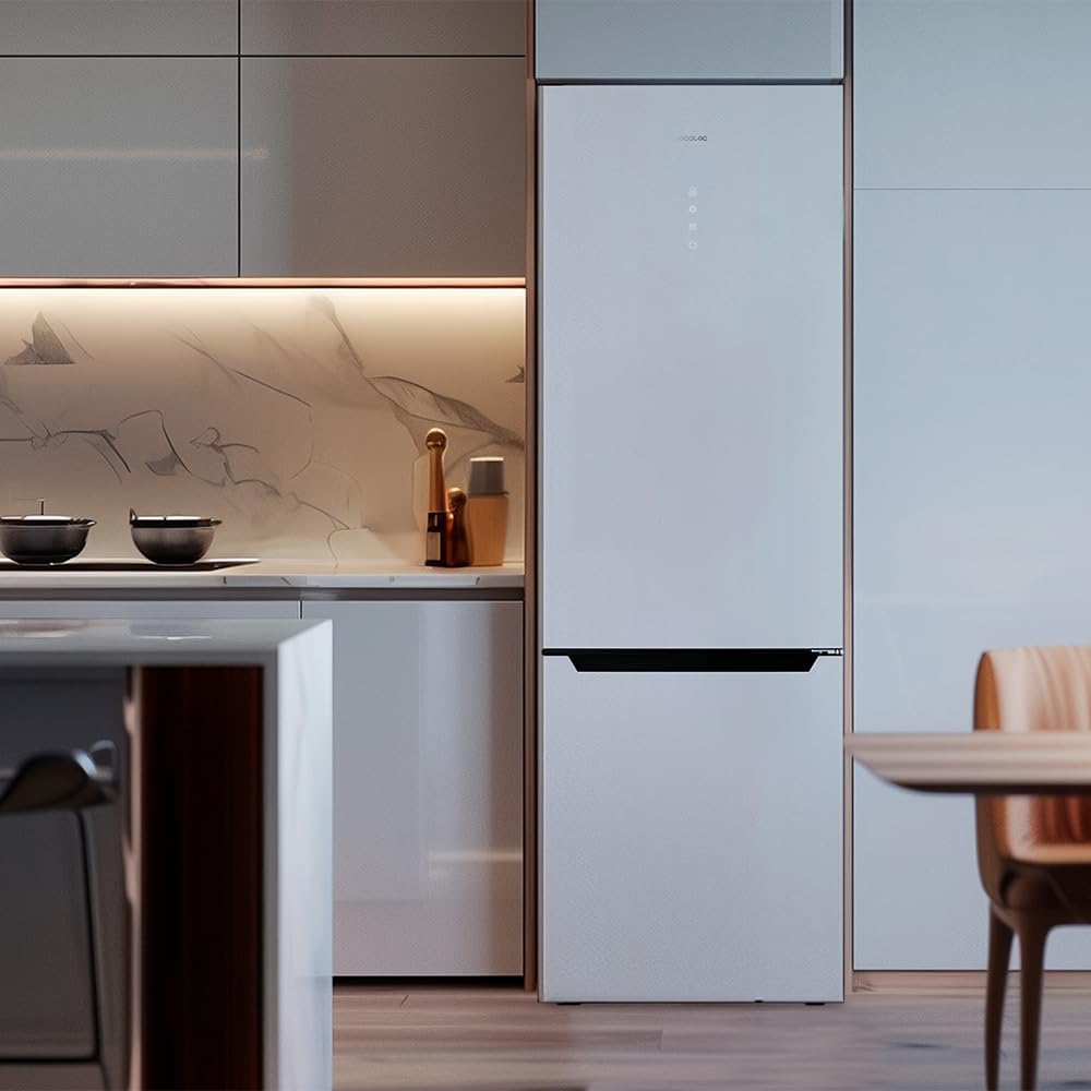 Cecotec Réfrigérateur combiné Bolero CoolMarket Combi 356 White Glass E. 356L, Total No Frost, Multi Airflow, Mode Vacances, Humidity Box, porte réversible, alarme de porte.