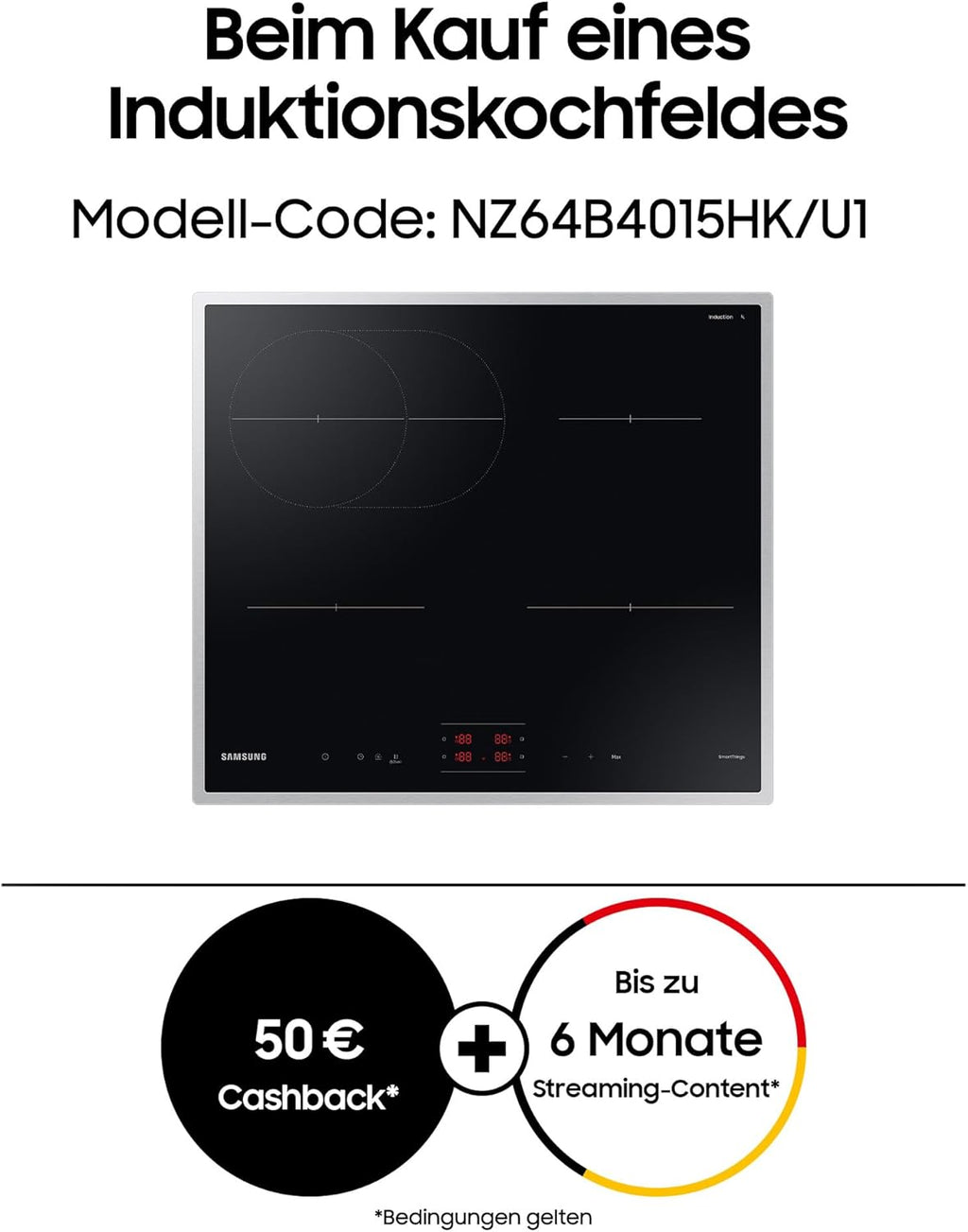 Plaque à induction autonome NZ64B4015HK/U1 , 60 cm, vitrocéramique, Wide Induction, SmartThings Cooking, touches tactiles avec curseur