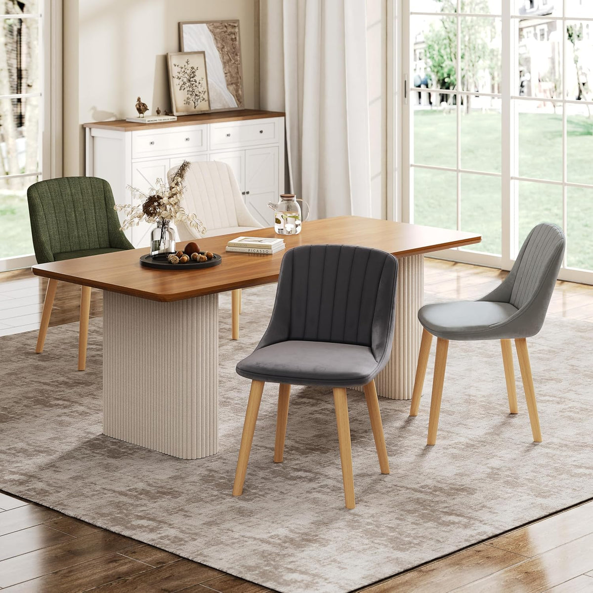 Goeurvant Lot de 6 Chaise Beige Salle a Manger Pieds Bois Chaises de Salon Chaises de Cuisine en Polyester avec Dossier pour Salon