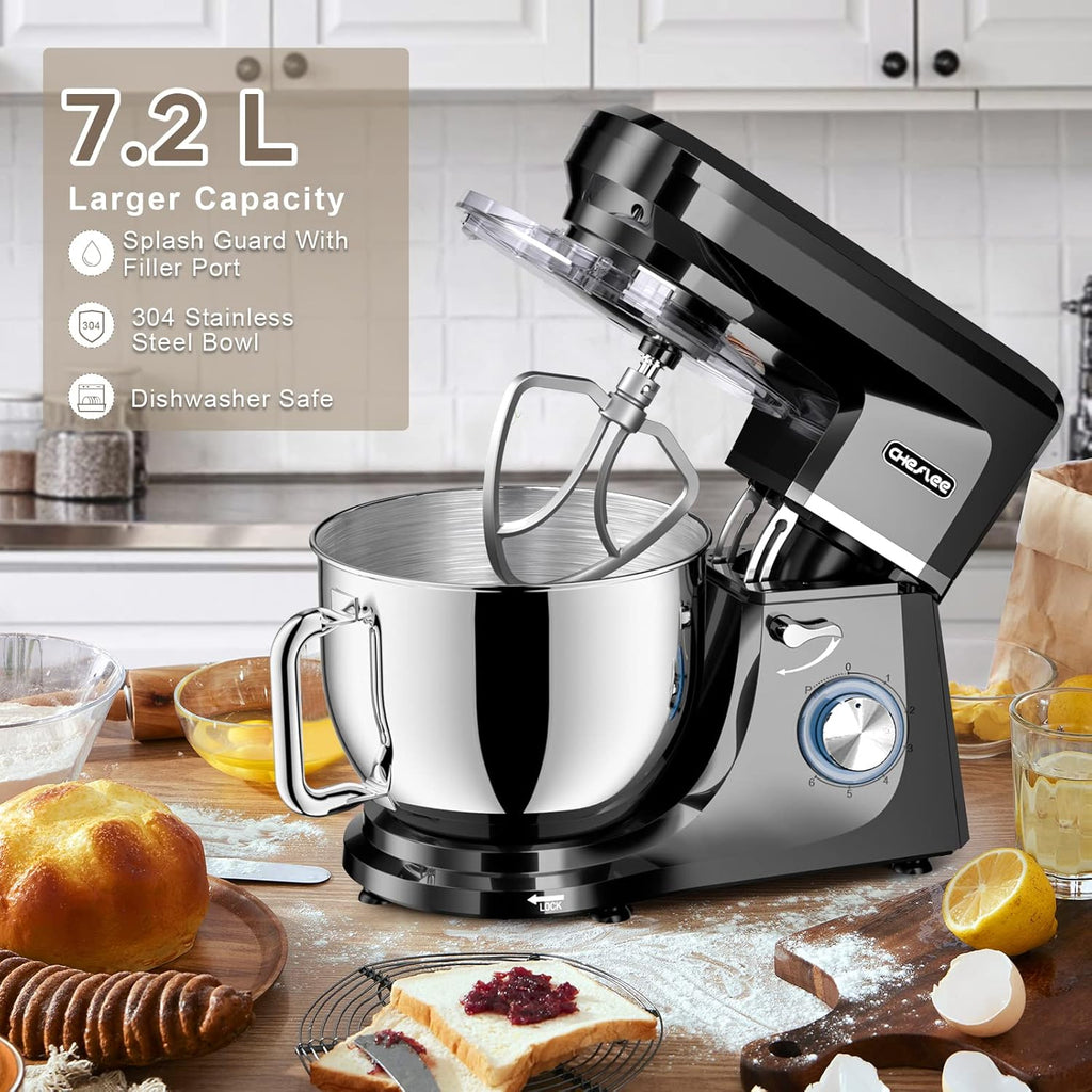 CHeflee Robot Pâtissier 2000W Robot de Cuisine 7.2 L Bol d'Acier Inoxydable,6 Vitesses avec Fonction Pulse avec Fouet Crochet Pétrisseur et Batteur,Housse anti-Poussière