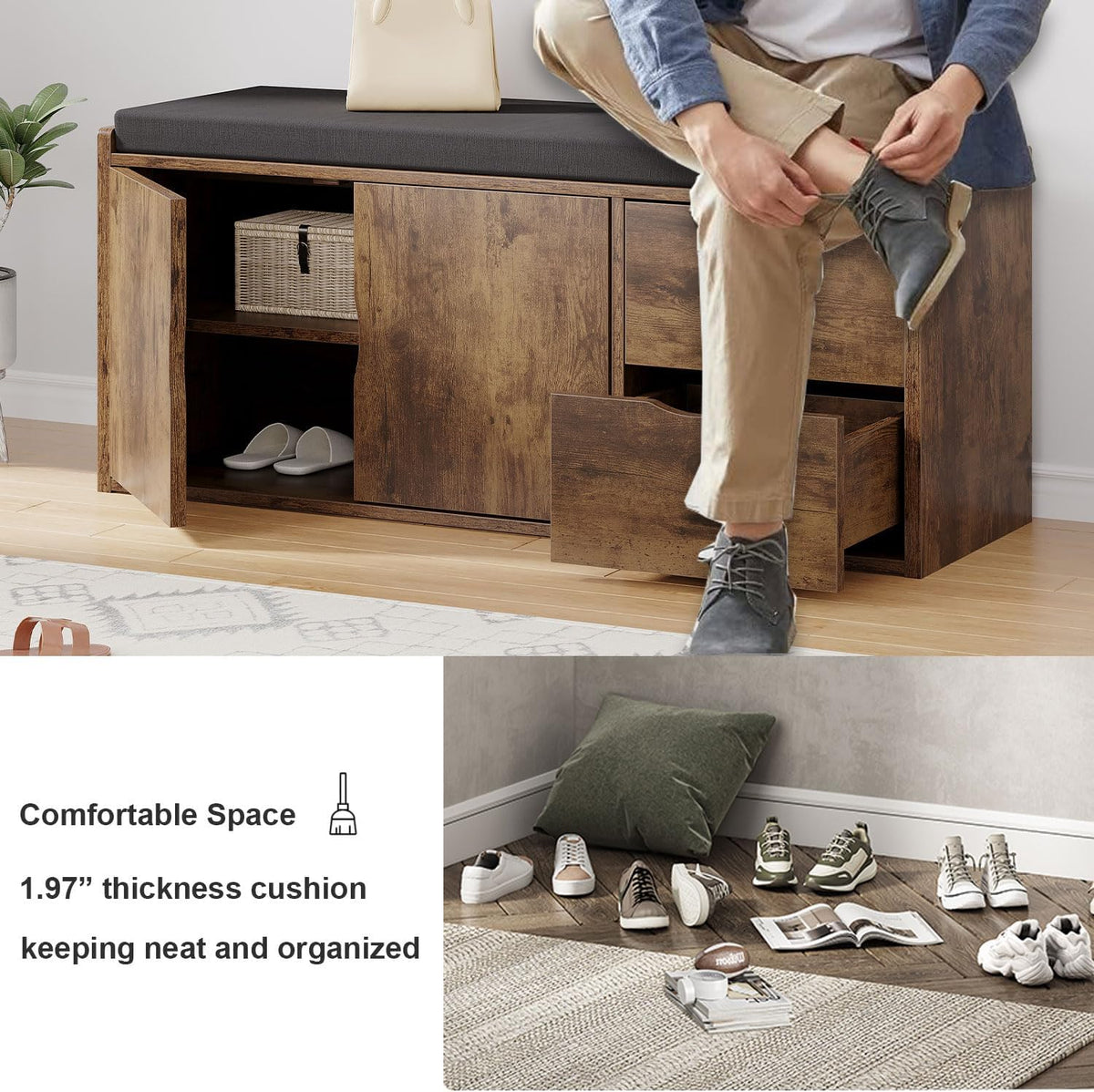 LVB Banc de Rangement Multifonction Banc à Chaussures rembourré avec tiroir pour entrée Salon ou Chambre Couleur Marron Rustique 101 x 45 x 34 cm
