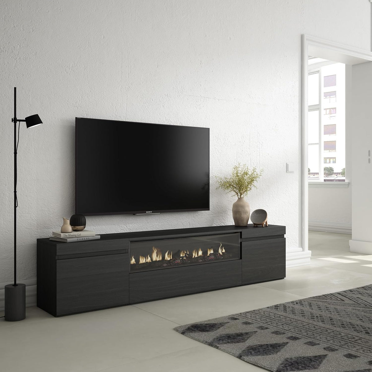 Skraut Home | Meuble TV | Banc Télé | Grand Espace de Rangement | 200x45x35cm | pour Les TV jusqu'à 80" | Cheminée électrique | Style Moderne | Noirs