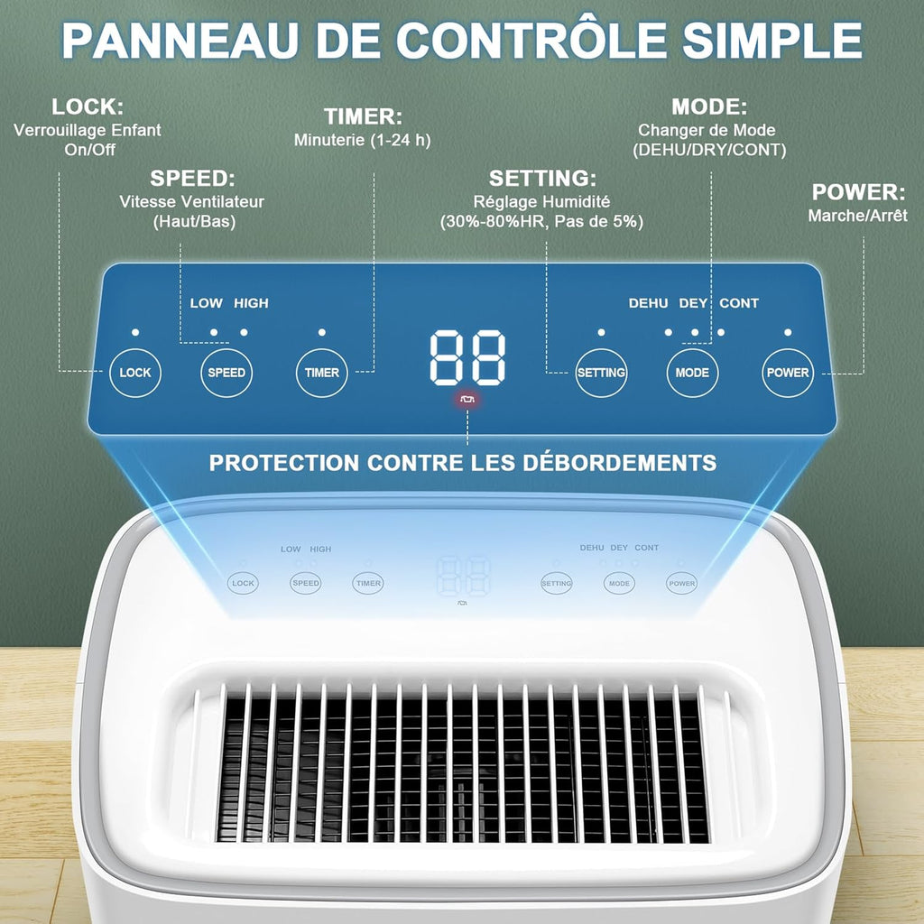 Deshumidificateur d Air, 25L/Jour Deshumidificateur Electrique Silencieux avec Capteur d'Humidité Automatique, Arrêt Auto et Dégivrage Auto, Déshumidificateur Idéal pour Maison, Bain, Chambre, Cave