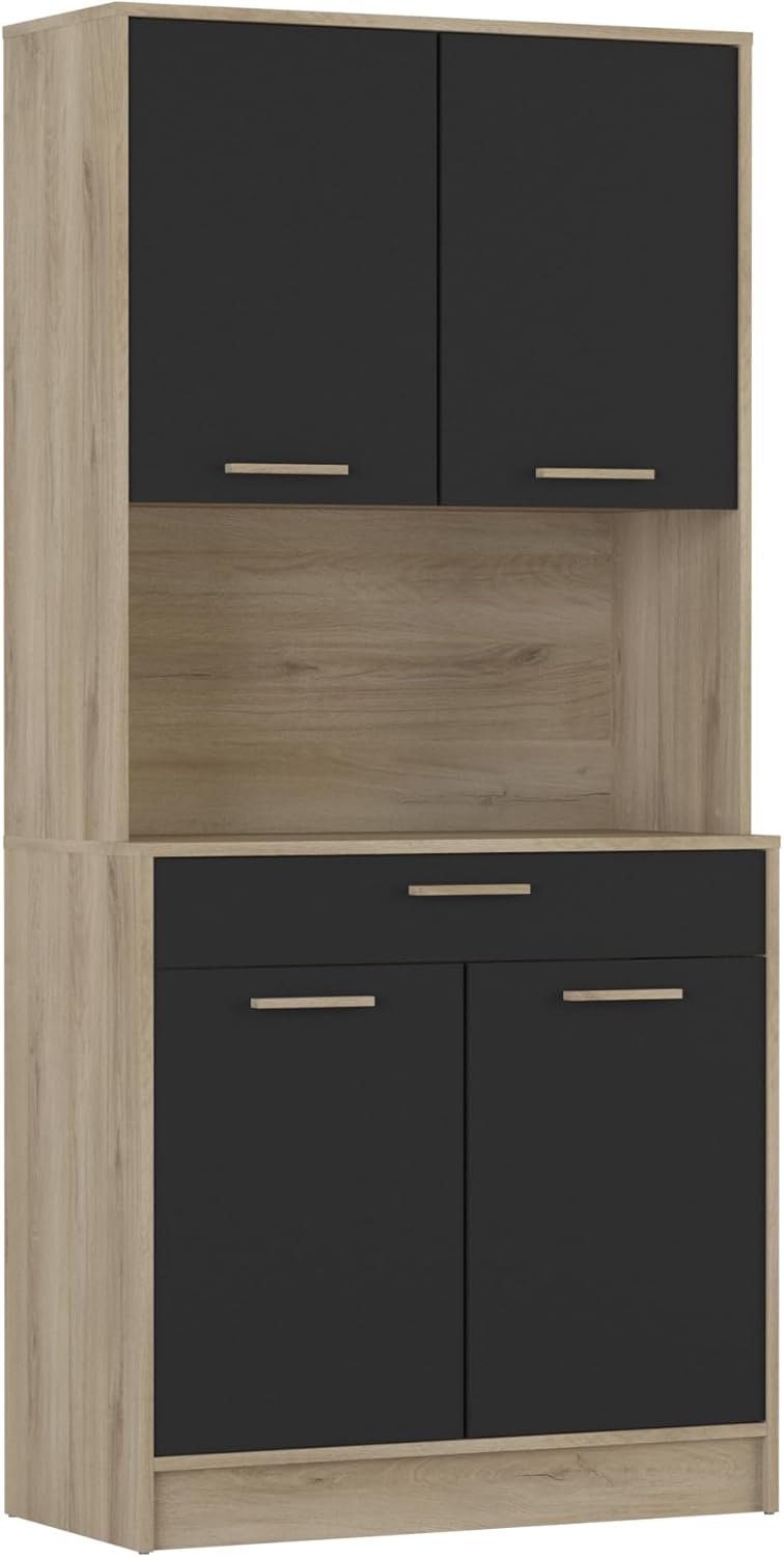 Buffet Industriel 4 Portes 1 Tiroir 1 Grande Niche Résistant à l'eau et Idéal Micro-Onde - Coloris Bois Clair et Noir - 83,3x40x176,1 cm