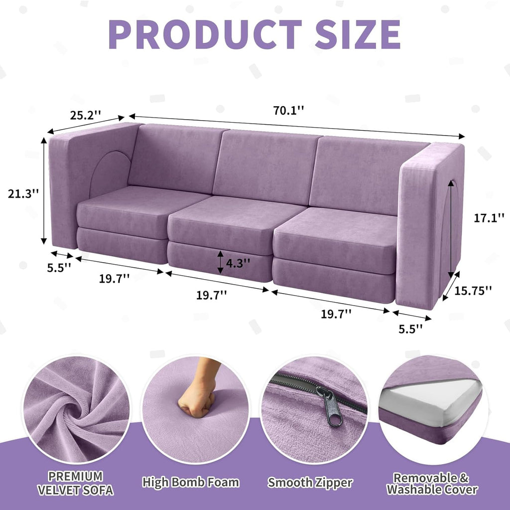 Wumagin Canapé Lit Enfant, Canape Enfant Convertible avec 13PCS Modules, Futon Pliable Meuble Sofa pour Chambre d'enfant, Chambre à Coucher, Salle de Jeux (Myrtille)