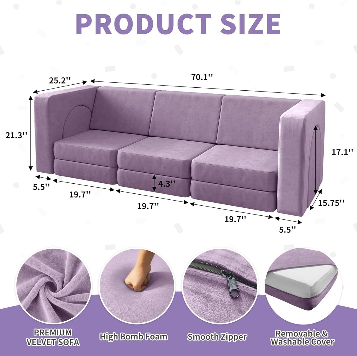 Wumagin Canapé Lit Enfant, Canape Enfant Convertible avec 13PCS Modules, Futon Pliable Meuble Sofa pour Chambre d'enfant, Chambre à Coucher, Salle de Jeux (Myrtille)