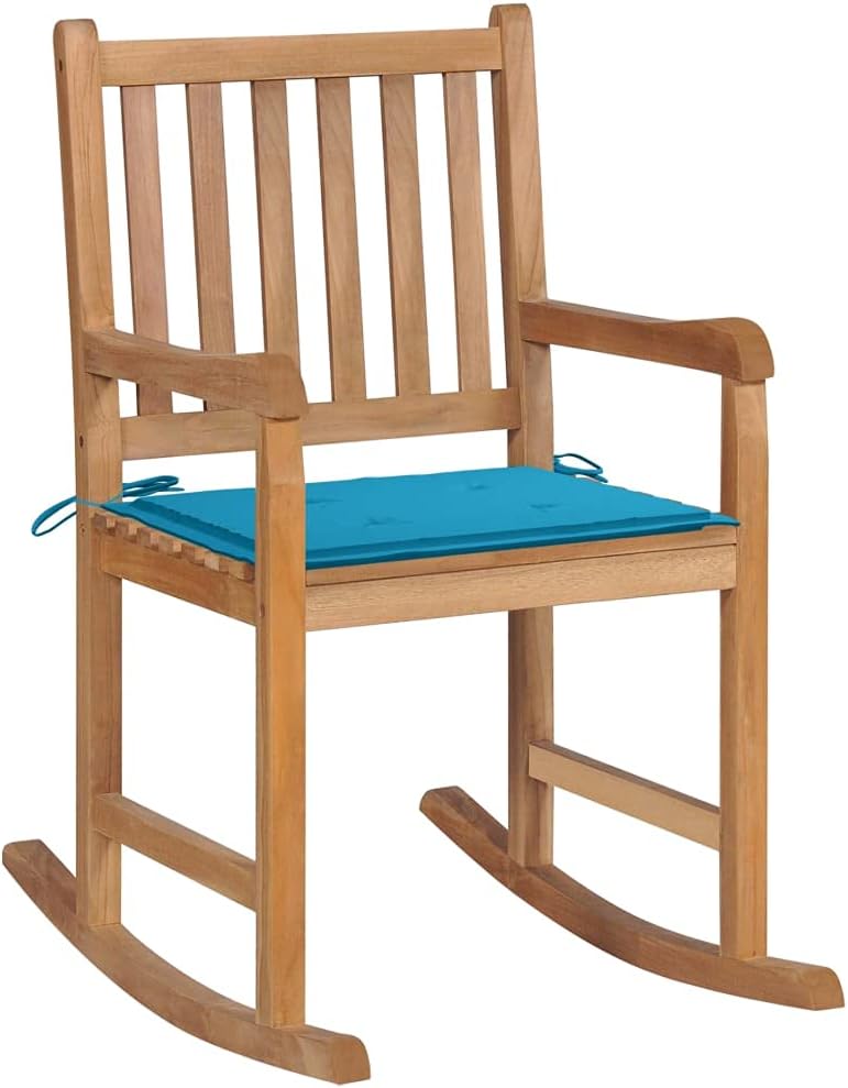 Makastle Fauteuil à Bascule Rocking Chair intérieur extérieur, Chaise Berçante à Balcon Jardin, Chaise a Bascule Fauteuil, avec Coussin Bleu Bois de Teck Solide
