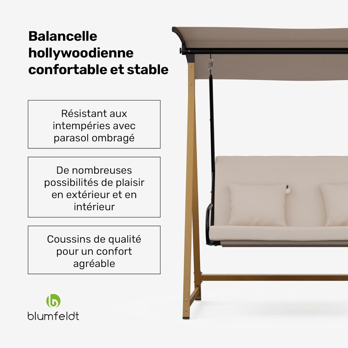 blumfeldt ZenGrove Balancelle Jardin - 2 Places Extérieur avec Toit Réglables, Cadre Acier 160kg, Coussin Épais, Résistant Intempéries