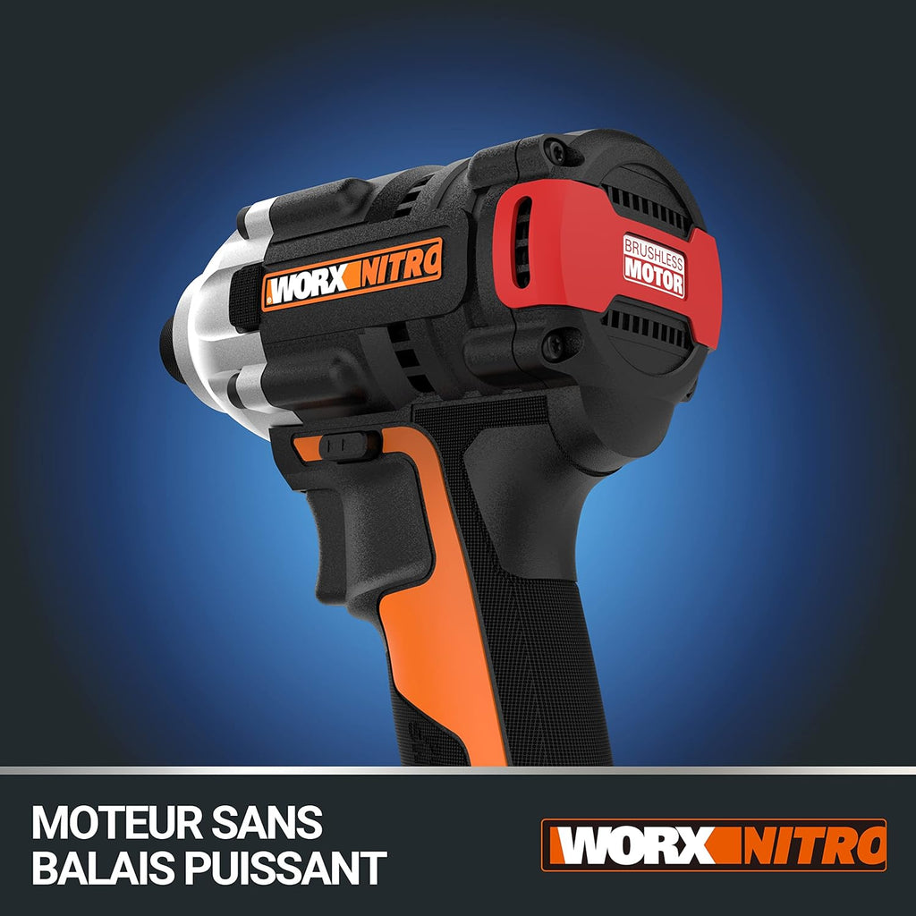 WORX Visseuse à Choc sans Fil Brushless 20V WX261, Légère et puissante 260Nm, 3000 tr/min, mandrin 6,35 mm HEX, 3 Vitesses, crochet et embout de vissage, livrée avec Batterie et Chargeur