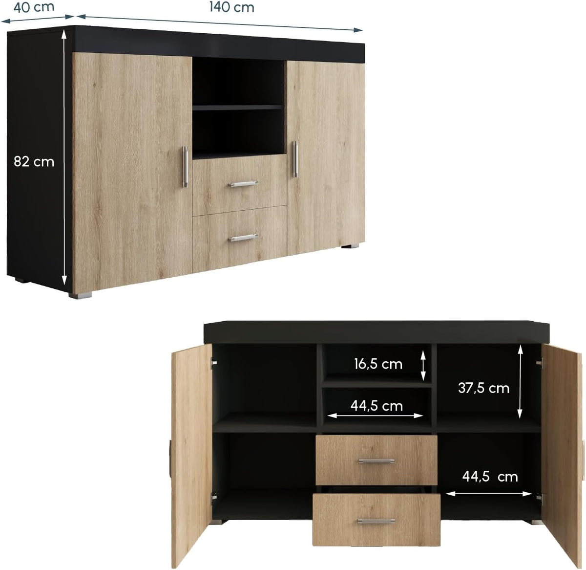 MB Muebles Bonitos, Buffet Roque pour Salon et Salle à Manger Moderne, Meuble TV en Mélamine, Couleur Noir Brillant et Sonoma Mat, 140x80x40 cm
