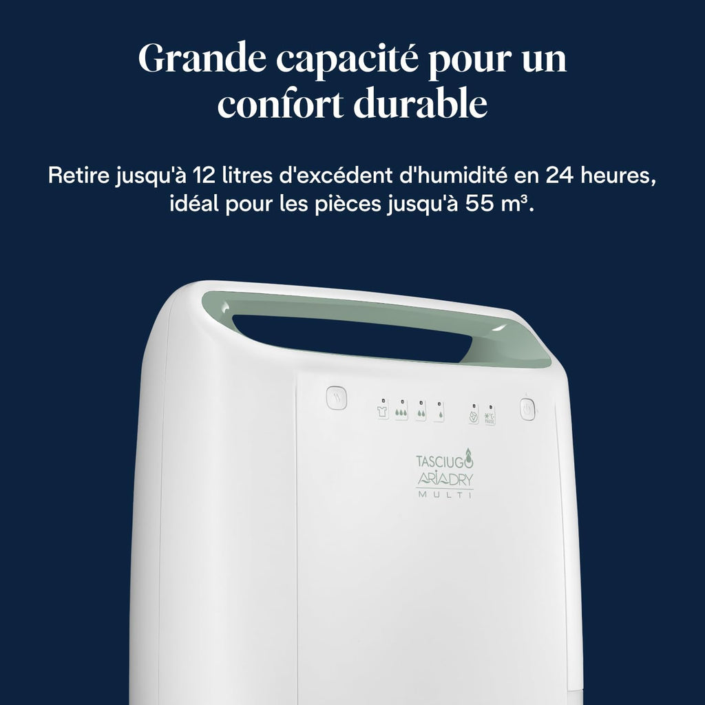 De’Longhi Tasciugo AriaDry - Déshumidificateur Portable pour la Maison, Filtration à 3 Actions, Élimination de l'Humidité 12L/24h, Séchage, Anti-Moisissure, Silencieux, Blanc (DEX212SF)