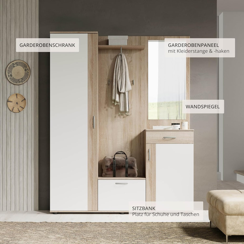 Stella Trading PATENT Ensemble de vestiaires d'entrée en aspect chêne Sonoma, blanc - Vestiaire compact stylé avec miroir pour votre entrée - 145 x 184 x 29 cm (L/H/P), marron