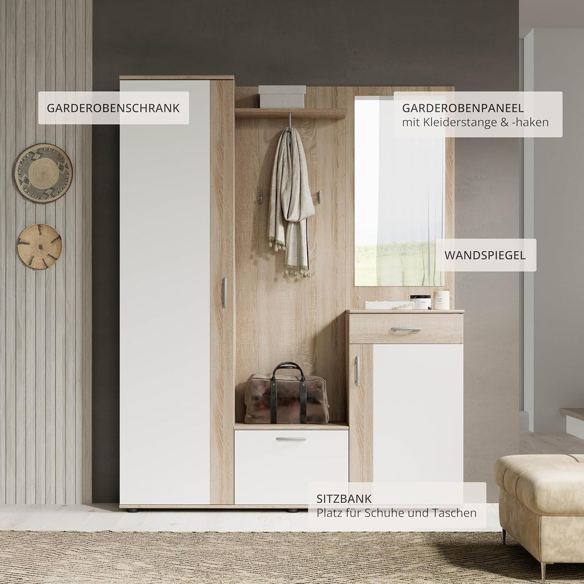 Stella Trading PATENT Ensemble de vestiaires d'entrée en aspect chêne Sonoma, blanc - Vestiaire compact stylé avec miroir pour votre entrée - 145 x 184 x 29 cm (L/H/P), marron