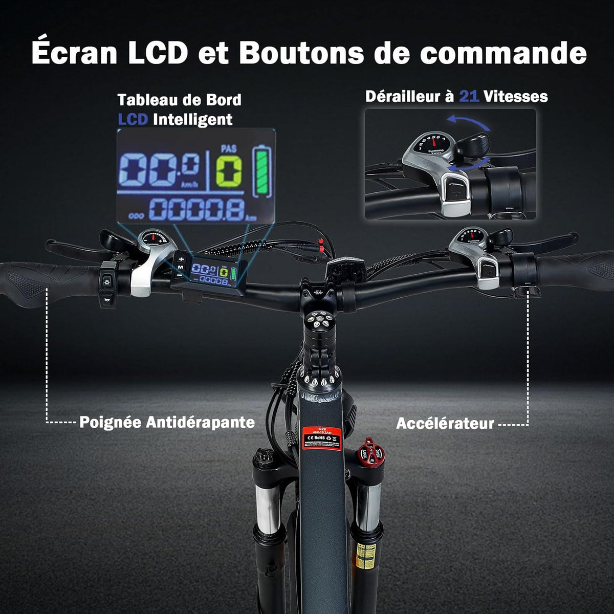 TIGUOWISH Cheevalry Vélo Électrique Homme - VTT Électrique Adulte Batterie Amovible 48V - Moteur sans Balais - Pneus 29 Pouces - Autonomie 40-50km