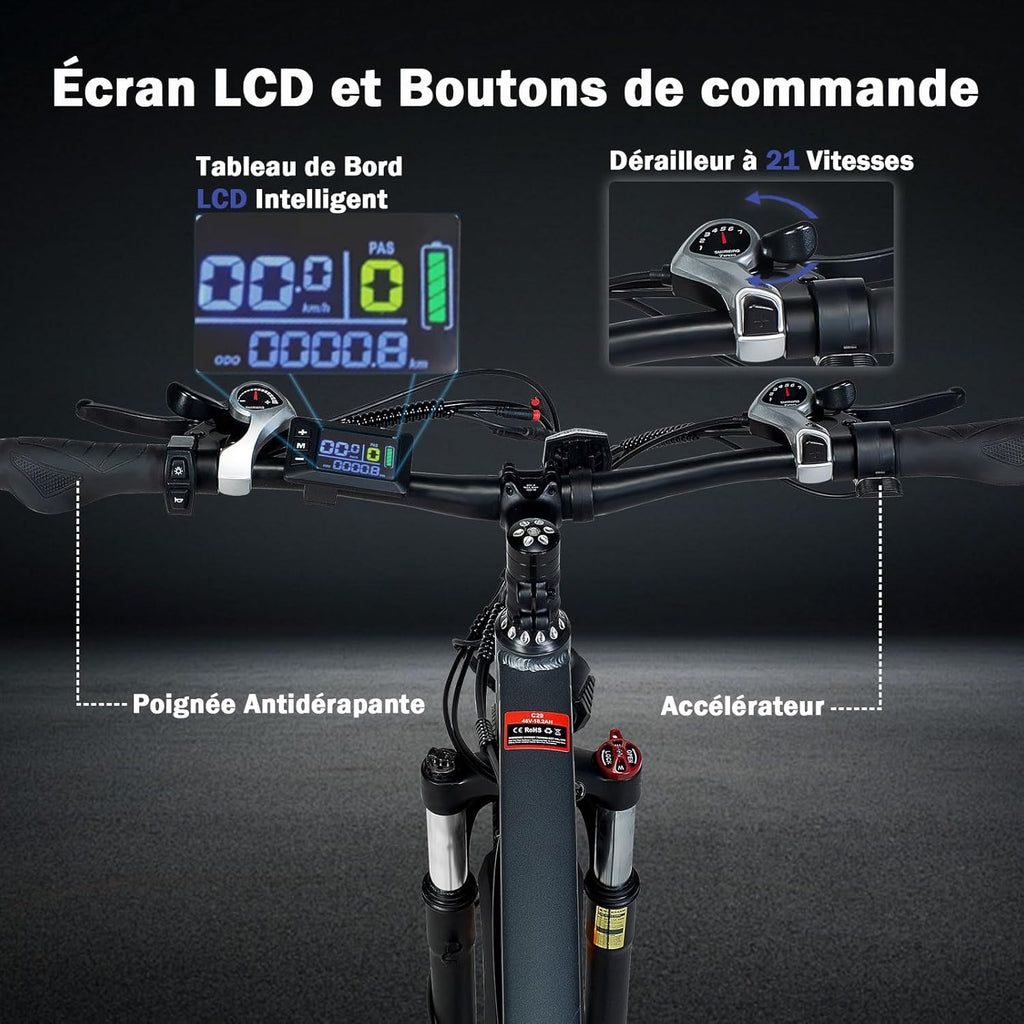 TIGUOWISH C29 Vélo Électrique Adulte,Batterie Amovible 48V 18.6Ah,Moteur Tout-Terrain,VTT 21 Vitesses,Freins à Disques Sécurisés,Écran LCD Intelligent,Éclairage LED Haute Luminosité.