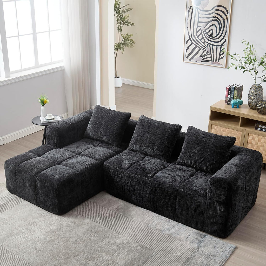 Canapé en Forme de U, 3 Places avec Méridienne, Design Moderne Rembourré avec Accoudoirs et 3 Coussins, Chenille Noir