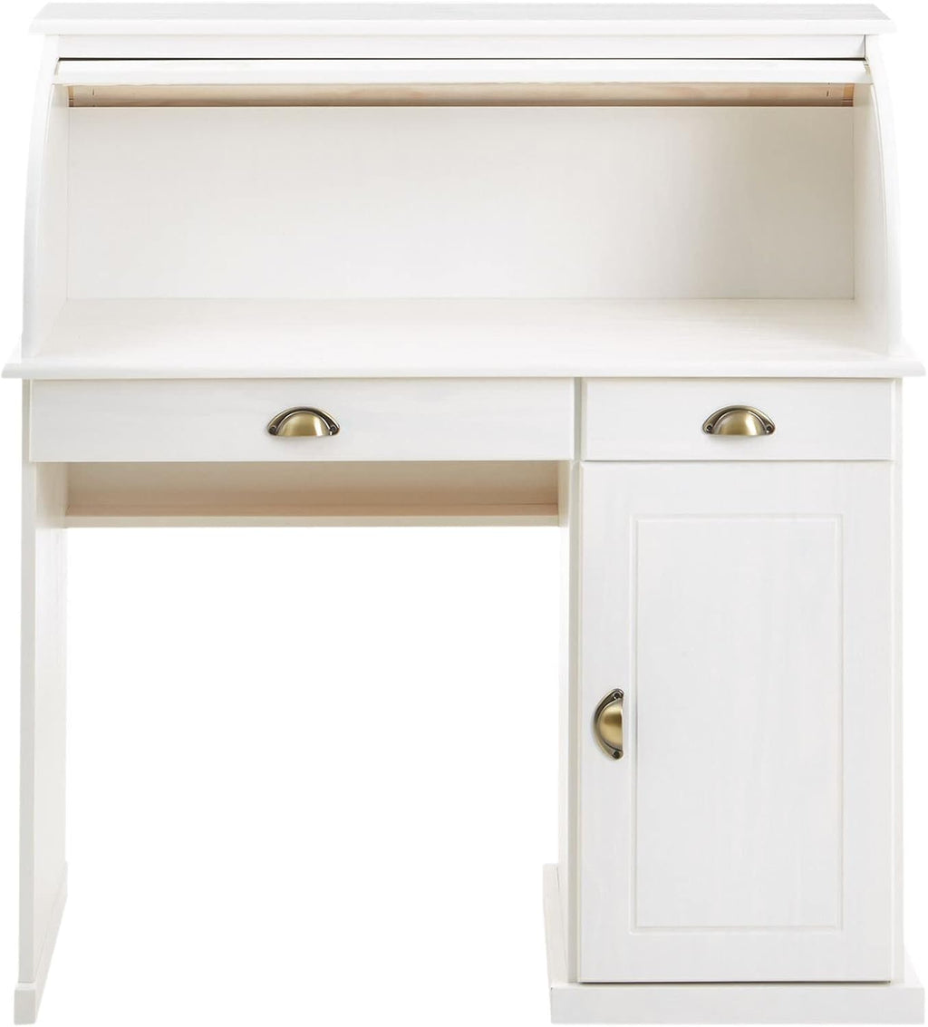 IDIMEX Bureau secrétaire Tom avec volet Roulant Rangement 2 tiroirs et 1 Porte avec étagère, en pin Massif lasuré Blanc