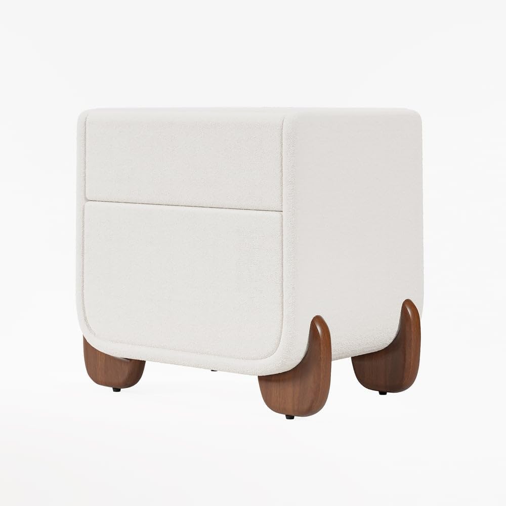 Homary Table de Chevet LED Smart Blanc Bouclé 2 Tiroirs, Recharge sans Fil/Filaire, Pieds Noisetier, Petit Meuble Rangement pour Chambre Adulte