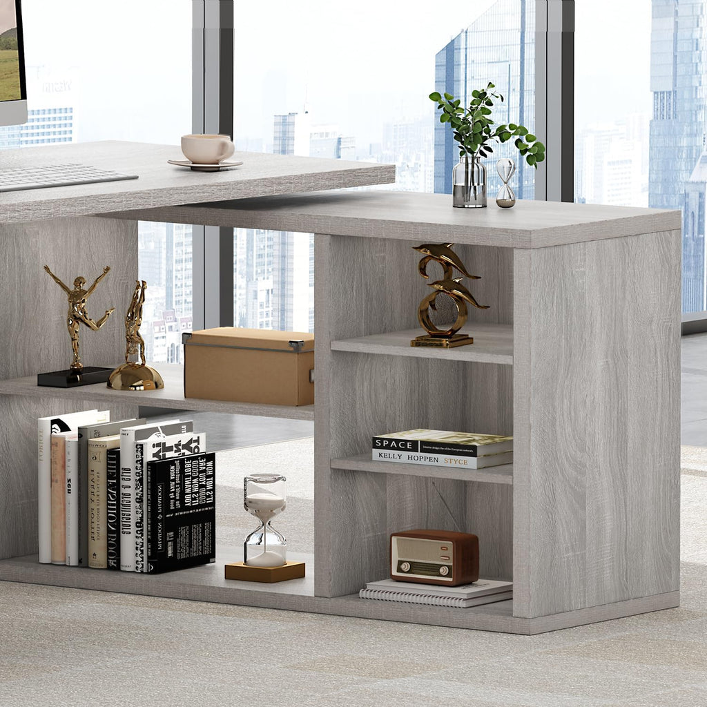 HSH Bureau d'angle gris en forme de L avec étagères de rangement, bureau d'ordinateur réversible en forme de L avec armoire de rangement, bureau d'angle réglable pour PC, écriture, étude, travail, 140