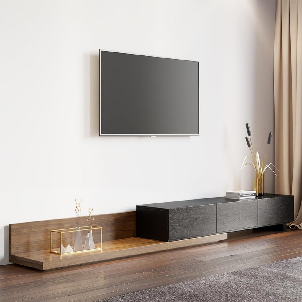 Homary Meuble TV Extensible 3 Tiroirs, Centre de Divertissement pour TV Jusqu'à 120 (Noyer et Gris, 200 cm L × 40 cm P × 35 cm H) (Noir et Noyer)