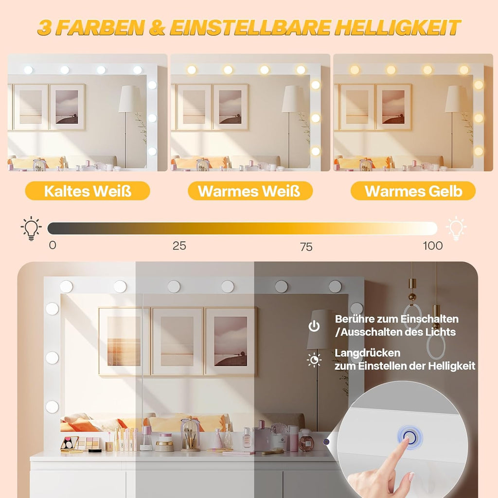 Airfish Coiffeuse avec 12 Ampoules LED et Grand Miroir, Éclairage Réglable, 120x40x140cm, Table de Maquillage avec Multiprise, Rangement pour Bijoux Derrière Le Miroir et 7 Tiroirs