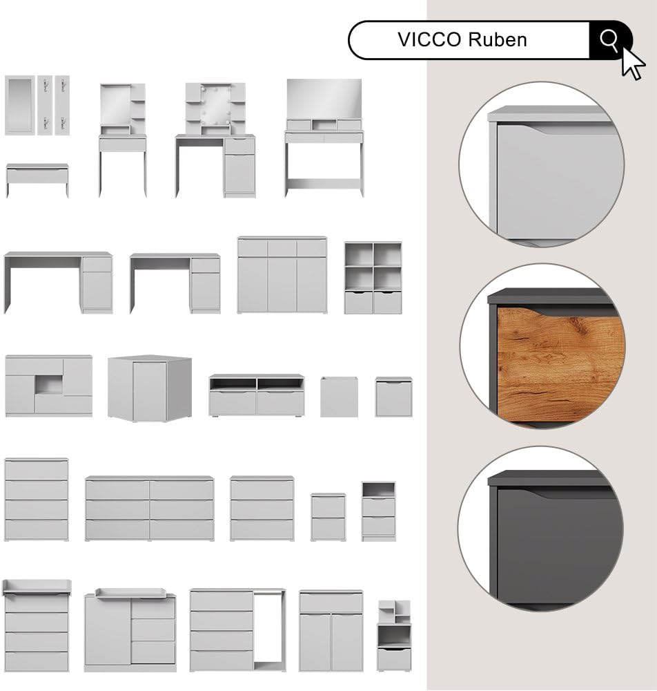 Vicco Coiffeuse Ruben, Blanc, 60 cm avec éclairage LED et Tabouret