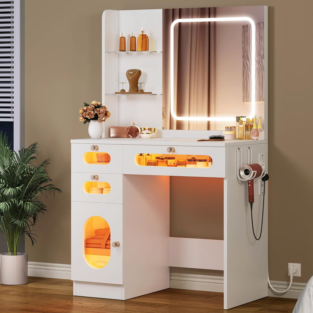 YITAHOME Coiffeuse avec Miroir à LED, 3 tiroirs, 2 étagères, luminosité réglable avec 3 Niveaux d'éclairage, Blanche