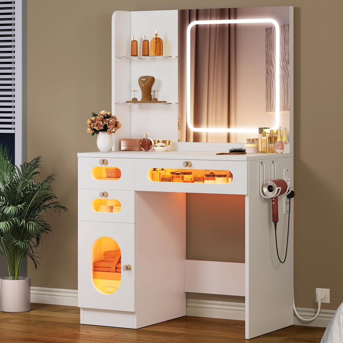 YITAHOME Coiffeuse avec Miroir à LED, 3 tiroirs, 2 étagères, luminosité réglable avec 3 Niveaux d'éclairage, Blanche