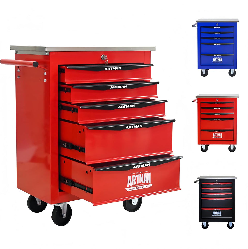 ELIHGTBY Servante d'Atelier Vide à 5 Tiroirs, Chariot d'Outils Robuste sur roulettes - Établi Mobile avec Verrouillage Centralisé, Armoire de Rangement pour Garage, Servante Atelier Rouge et Noir