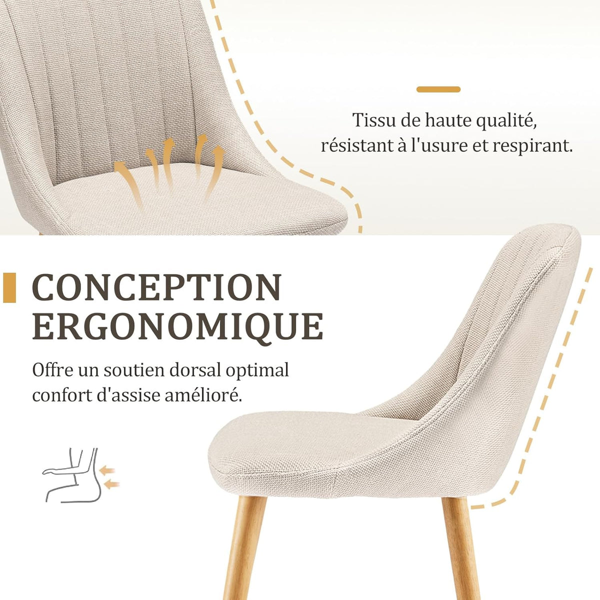 Goeurvant Lot de 6 Chaise Beige Salle a Manger Pieds Bois Chaises de Salon Chaises de Cuisine en Polyester avec Dossier pour Salon