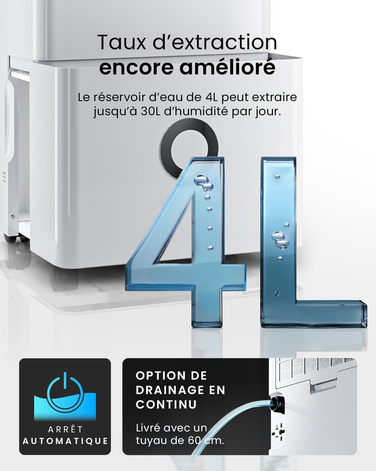 Pro Breeze Déshumidificateur Compresseur Connecté 30L/jour avec Application Smartphone, Wi-Fi, Drainage continu, Réservoir d'eau 4L et Minuterie 24h - Absorbeur de moisissures et d'humidité portable